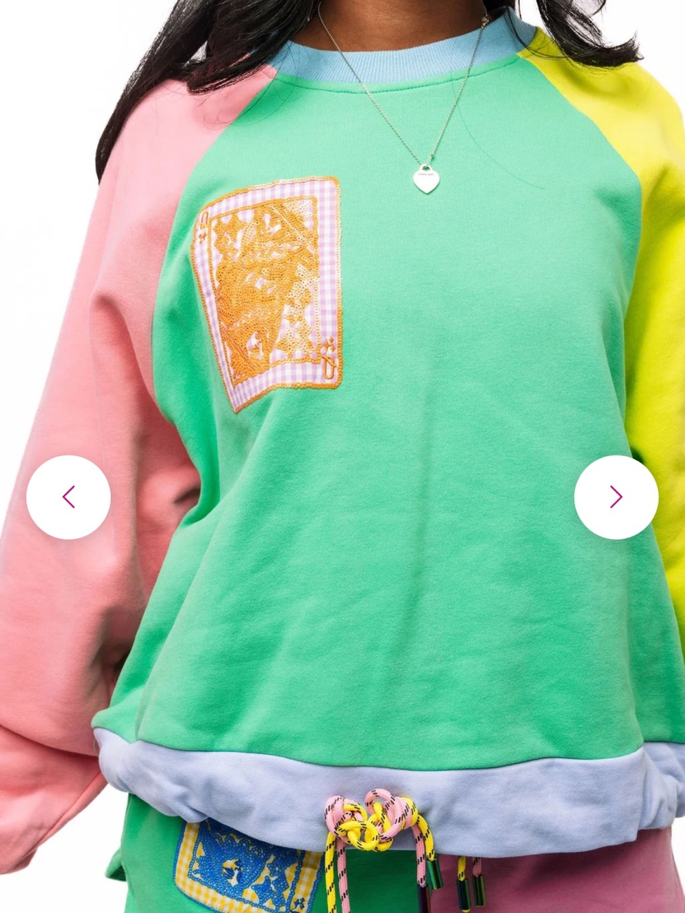QUEEN OF SPARKLES Colorblock Crewneck Sweatshirt in Green, Pink & Yellow new